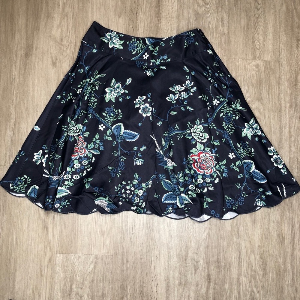 Context Women's Navy Blue Multi Bird/Floral Print Scallop Hem A-line Skirt sz 8